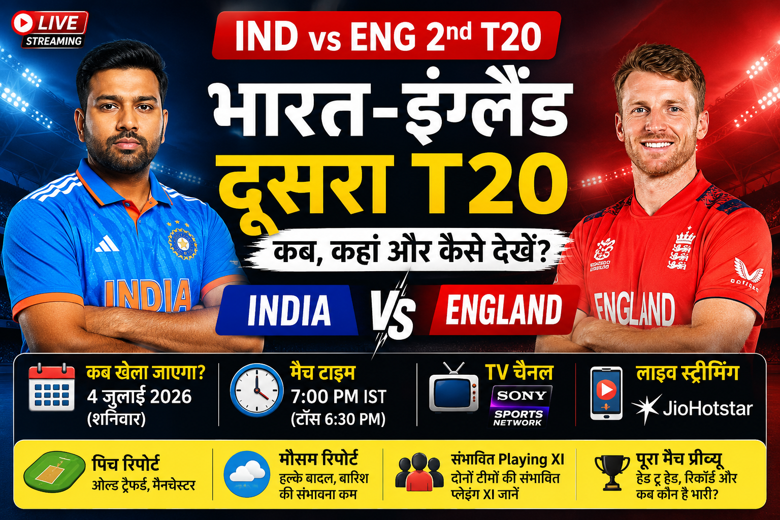 IND vs ENG 2nd T20 Live Streaming: भारत-इंग्लैंड दूसरा टी20 कब, कहां और कैसे देखें? जानें मैच टाइम, टीवी चैनल, पिच रिपोर्ट और संभावित प्लेइंग XI
